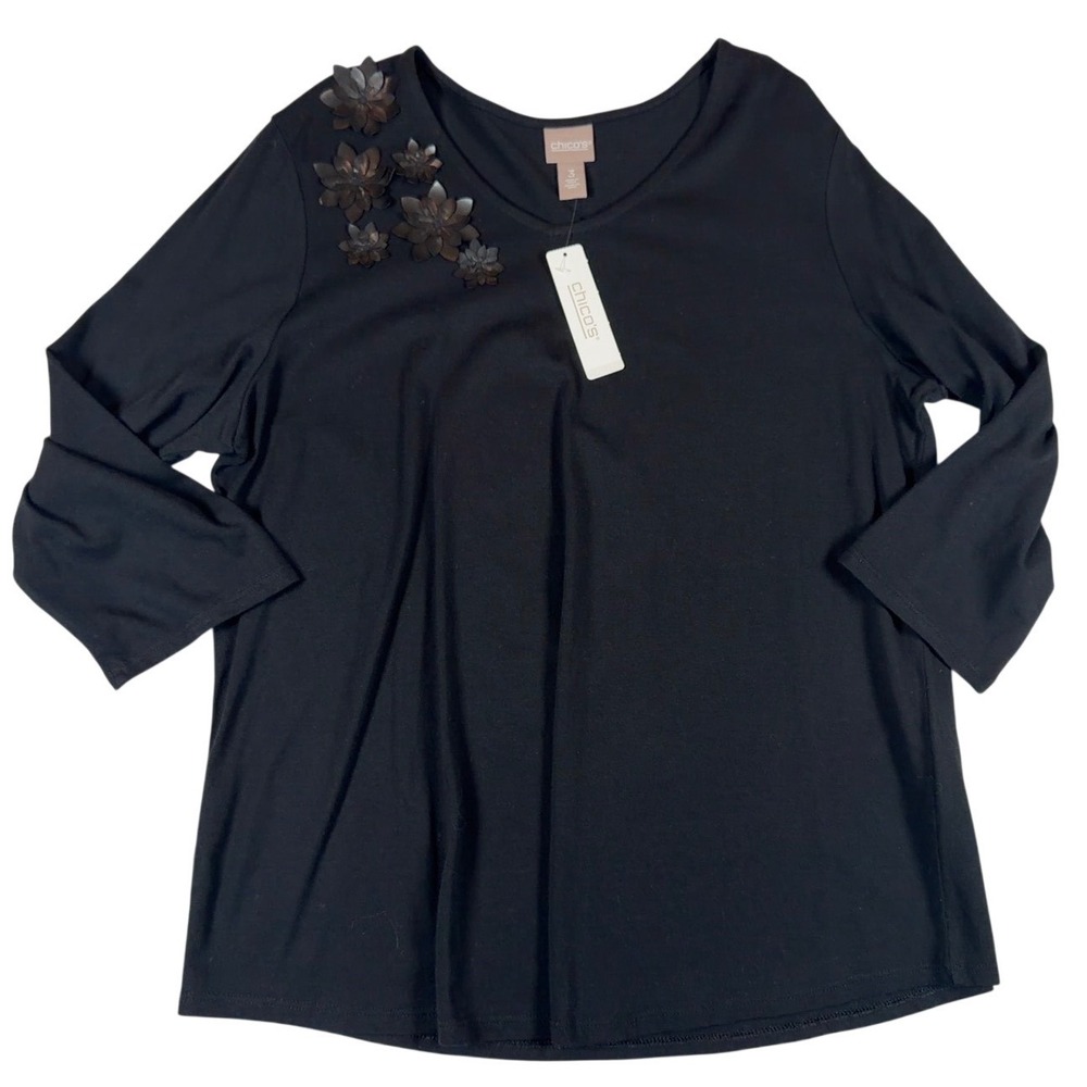 NEW Chicos Black Leather Floral Applique V-Neck 3/4 Sleeve Top Sz 3 XL 570373250